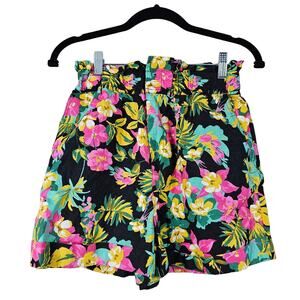 Express x Rocky Barnes Shorts Womens XS Black Floral High Waist Linen Pockets